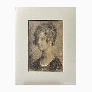 Angelo Dall'Oca Bianca, Portrait de Femme, Dessin au Crayon sur Papier