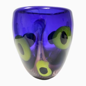 Postmodern Blue Thick Murano Glass Vase with Chartreuse and Black Spots, Italy, 1980s
