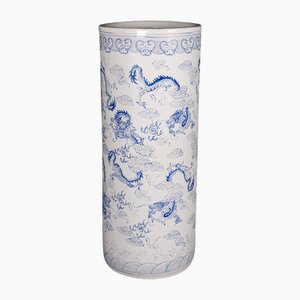 Paragüero chino vintage alto en azul y blanco, años 60