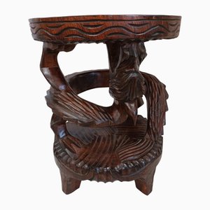 Table ou Tabouret Dragon Mid-Century en Bois Sculpté