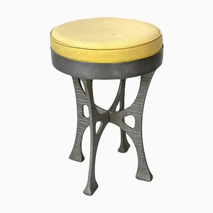 Italian Round Stool in Yellow Leather and Aluminium, 1940s