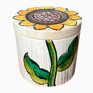 Caja con diseño de girasol Mid-Century de cerámica pintada a mano con tapa de Gallo, años 60