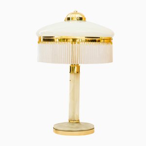 Art Deco Brass and Marble Table Lamp with Opal Glass Shade and Glass Sticks, 1920s