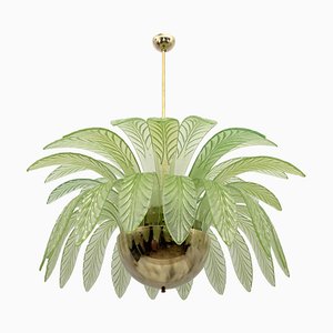 Large Mid-Century Modern Palm Leaf Chandelier in Murano Glass and Brass, 1970s
