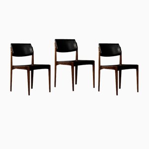 Moderne skandinavische Mid-Century Stühle aus Palisander & schwarzem Leder von HW Klein für Bramin, 1960er, 3er Set