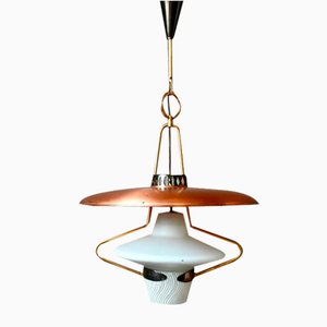 Large Suspension Lantern in Glass and Golden Brass, 1950s