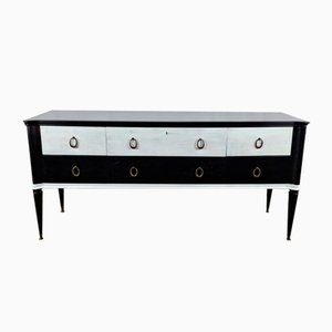 Black White Lacquered Chest with Glass Top and Brass Handles, 1960