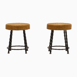 Rattan and Wrought Iron Stools, 1970s, Set of 2