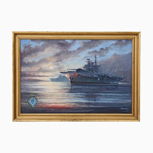 M J Whitehand, HMS Hermes Aircraft Carrier, 1980s, Large Oil on Canvas, Framed