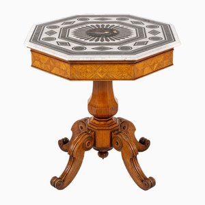 19th Century Italian Oak Octagonal Table with Inlaid Marble Top