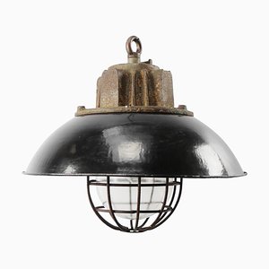 Vintage Industrial Black Enamel & Cast Iron Factory Pendant Light