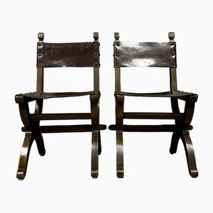 Medieval Style Chairs in Wood and Leather, Set of 2