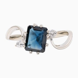 Vintage 14k White Gold Ring with Sapphire and Diamonds, 1980s