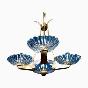 Art Deco Brass Mounted Murano Glass Chandelier attributed to Barovier, 1940s
