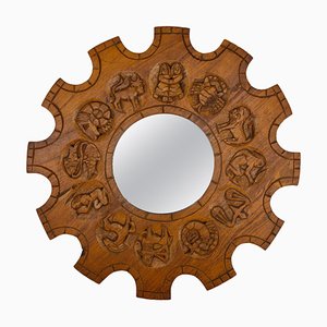 Mid-Century Modern Carved Pine Sunburst Shaped Wall Mirror, 1970s