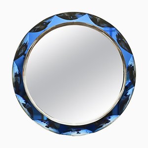Mid-Century Round Blue Diamond Double Beveled Mirror attributed to Galvorame, Italy, 1970s