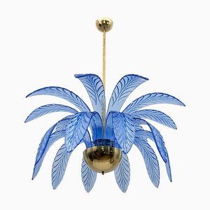 Mid-Century Modern Palm Leaves Chandelier in Light Blue Murano Glass and Brass, 1970