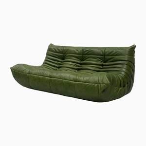 French Togo 3-Seater Sofa in Green Leather by Michel Ducaroy for Ligne Roset, France, 1970s