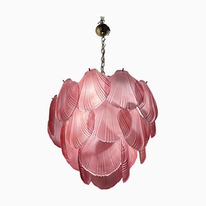 Lámpara de araña en forma de concha de vidrio rosa, años 80