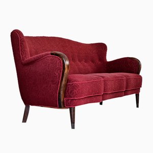 Dänisches Vintage 3-Sitzer Sofa aus Roter Baumwolle & Buchenholz, 1960er