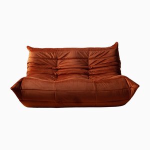 Divano a due posti Togo di velluto arancione ambrato di Michel Ducaroy per Ligne Roset, 1973