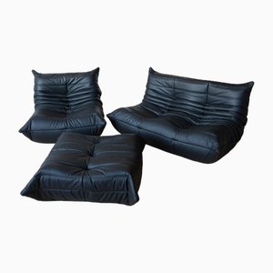 Black Leather Togo Two-Seat Sofa and Lounge Chair with Pouf by Michel Ducaroy for Ligne Roset, Set of 3