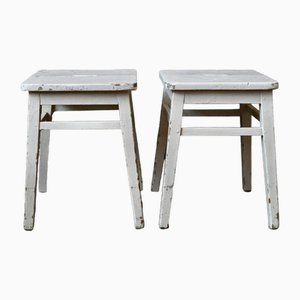 Wooden Stools with Patinated White Paint, Set of 2