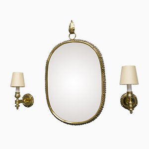 Mid-Century Brass Mirror & Wall Lamps by Josef Frank for Svenskt Tenn, Set of 3