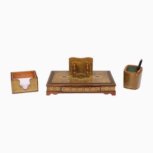 Vintage Middle Eastern Khatam Pen and Letter Desk Set, Set of 3