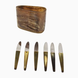 Small Butter Knives with Carved Container by Carl Auböck for Werkstätte Carl Auböck, Austria, 1950s, Set of 7