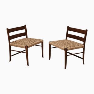 Set of Mid-Century Oak and Straw Chairs, 1970s