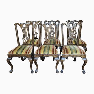 Chaises de Salle à Manger Style Chippedale en Noyer avec Sièges Rembourrés, 1930s, Set de 6