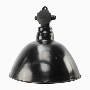 Lampada a sospensione vintage industriale, smaltata nera e bachelite, Germania