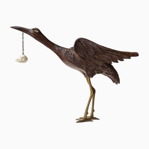 Oiseau Grue en Bois avec Crâne Suspendu, 1940s