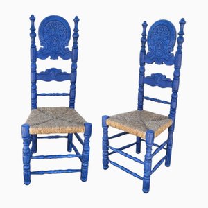 Blaue spanische Mid-Century Holzstühle, 2er Set