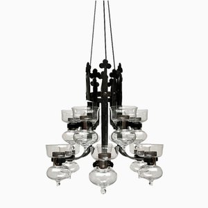 Mid-Century Swedish Wrought Iron and Glass Candle Chandelier by Bertil Vallien and Axel Strömberg for Kosta Boda and Bolin Smide, 1960s