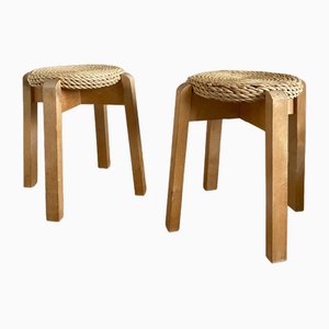 4-Legged Woven Stools in the style of Adoux and Minet, 1970s, Set of 2