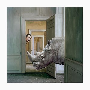 Mr Strange, El rinoceronte de Salvador, 2022, Pintura sobre lienzo sin estirar