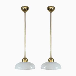 Art Deco White Opaline Glass and Brass Pendants, Sweden, 1940s, Set of 2