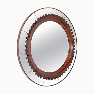 Mid-Century Circular Walnut Wall Mirror attributed to Fratelli Marelli, Italy, 1950s