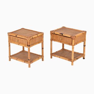 French Riviera Nightstands in Bamboo, Rattan and Brass, Italy, 1970s, Set of 2