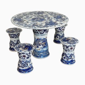 Mesa de comedor y taburetes chinos vintage de cerámica. Juego de 5