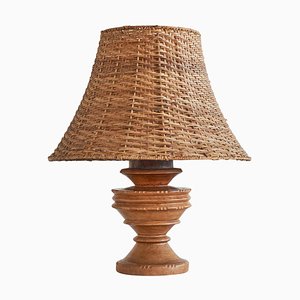 Wabi-Sabi Table Lamp in Turned and Carved Wood with Rattan Shade, 1920s