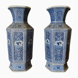 Japanese Hexagonal Blue Background Vases with Cut Sides, Set of 2