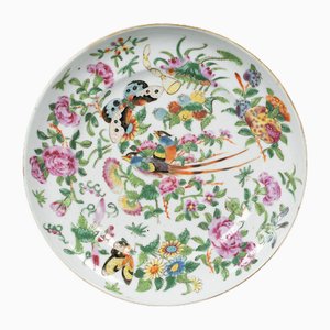 Assiette en Porcelaine de Canton avec Papillons et Oiseaux, 19ème Siècle