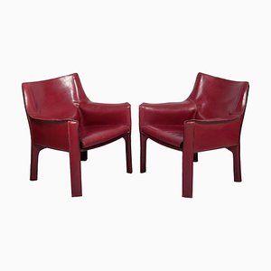 Chaises Cab Modèle 414 en Cuir Rouge par Mario Bellini pour Cassina, Italie, 1980s, Set de 2