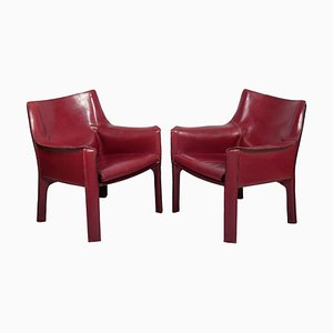 Italian Model 414 Cab Chairs in Red Leather by Mario Bellini for Cassina, 1980s, Set of 2