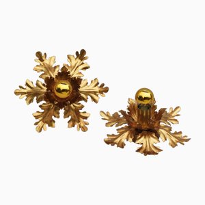 French Gilded Tole Flush Mount Ceiling or Wall Lights, 1980s, Set of 2