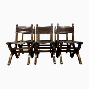 19th Century Medieval Chairs in Wood and Leather, Set of 6