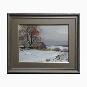 Alfejs Bromults, Winter in the Village, Oil on Canvas and Cardboard